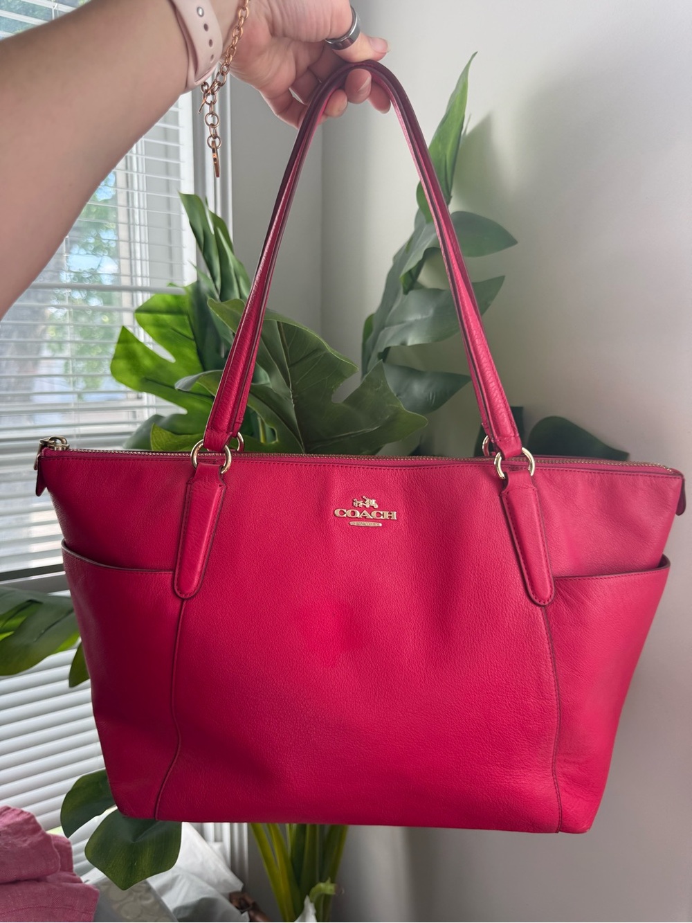 Coach Hot Pink Leather Tote with Gold Logo